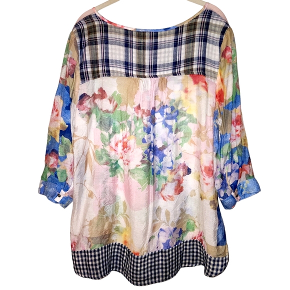 Anthropologie Arrata Silent Journey Multi Pattern Patchwork Silk Blend Top - Picture 2 of 9